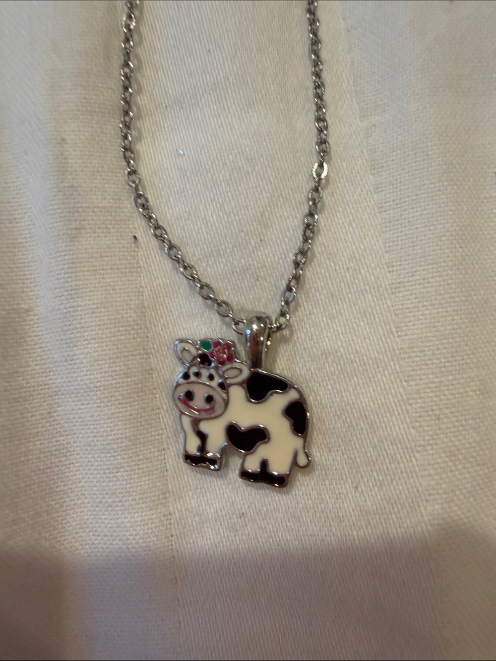 Kids Cow Pendant Necklace in White & Black - Cute Enamel Charm